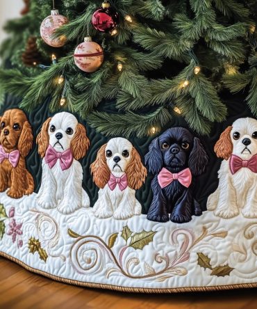Cavalier King Charles Spaniels With Pink Bows Christmas Tree Skirt - Handmade White Made-To-Order Pet-Themed Holiday Décor