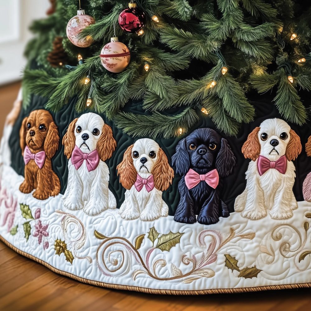 Cavalier King Charles Spaniels With Pink Bows Christmas Tree Skirt - Handmade White Made-To-Order Pet-Themed Holiday Décor