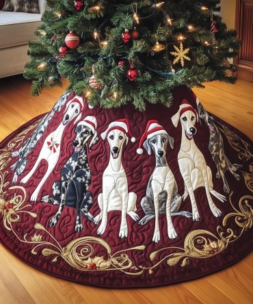 Festive Greyhounds In Santa Hats Wine-Red Tree Skirt — Plush Holiday Accent, Custom Size & Velvet Finish, Made To Order