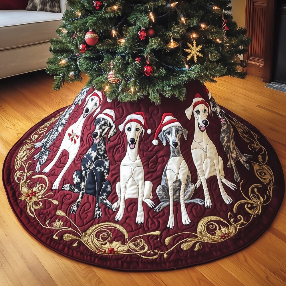 Festive Greyhounds In Santa Hats Wine-Red Tree Skirt — Plush Holiday Accent, Custom Size & Velvet Finish, Made To Order
