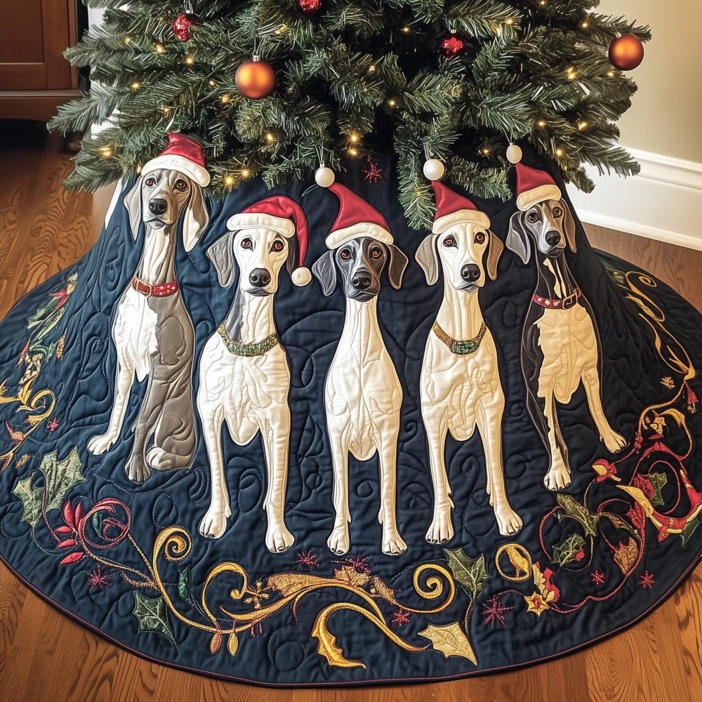 Midnight Greyhound Line Holiday Tree Skirt — Dark Blue Luxury Tree Skirt With Stylized Hounds, Custom Tailored For Your Tree