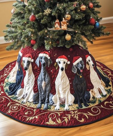 Elegant Greyhound Christmas Tree Skirt With Crimson Scroll Pattern — Luxury Velvet Holiday Decor, Custom Sizes Available