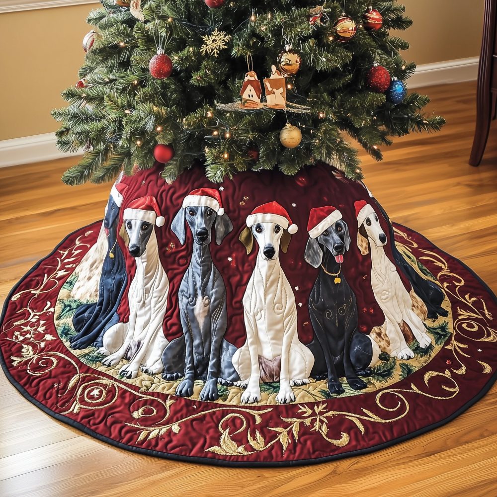 Elegant Greyhound Christmas Tree Skirt With Crimson Scroll Pattern — Luxury Velvet Holiday Decor, Custom Sizes Available