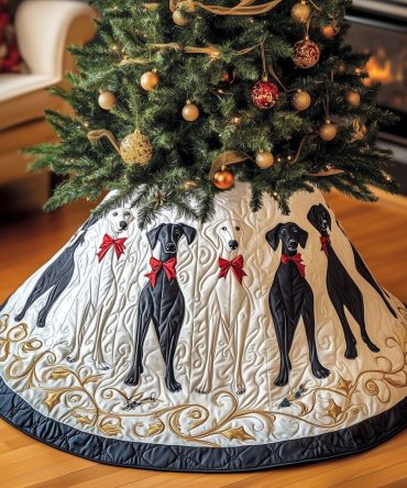 Monochrome Greyhound Bows Tree Skirt — Black & White Custom Christmas Decor, Handmade Elegant Holiday Mat For Minimalist Homes