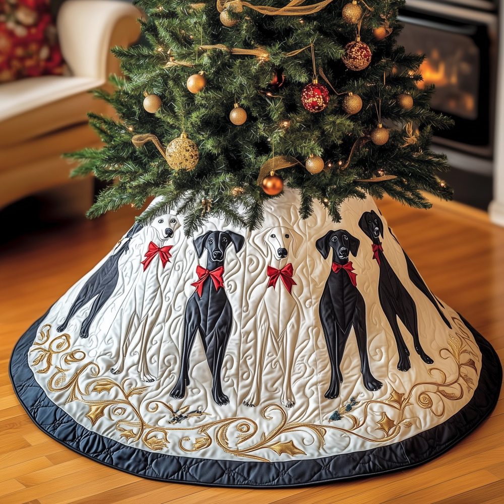 Monochrome Greyhound Bows Tree Skirt — Black & White Custom Christmas Decor, Handmade Elegant Holiday Mat For Minimalist Homes