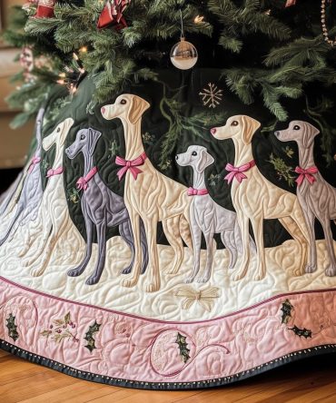 Pink Ribbon Greyhounds Tree Skirt — Custom Handmade Holiday Accent, Romantic Christmas Decor For Dog Lovers & Stylish Living Rooms