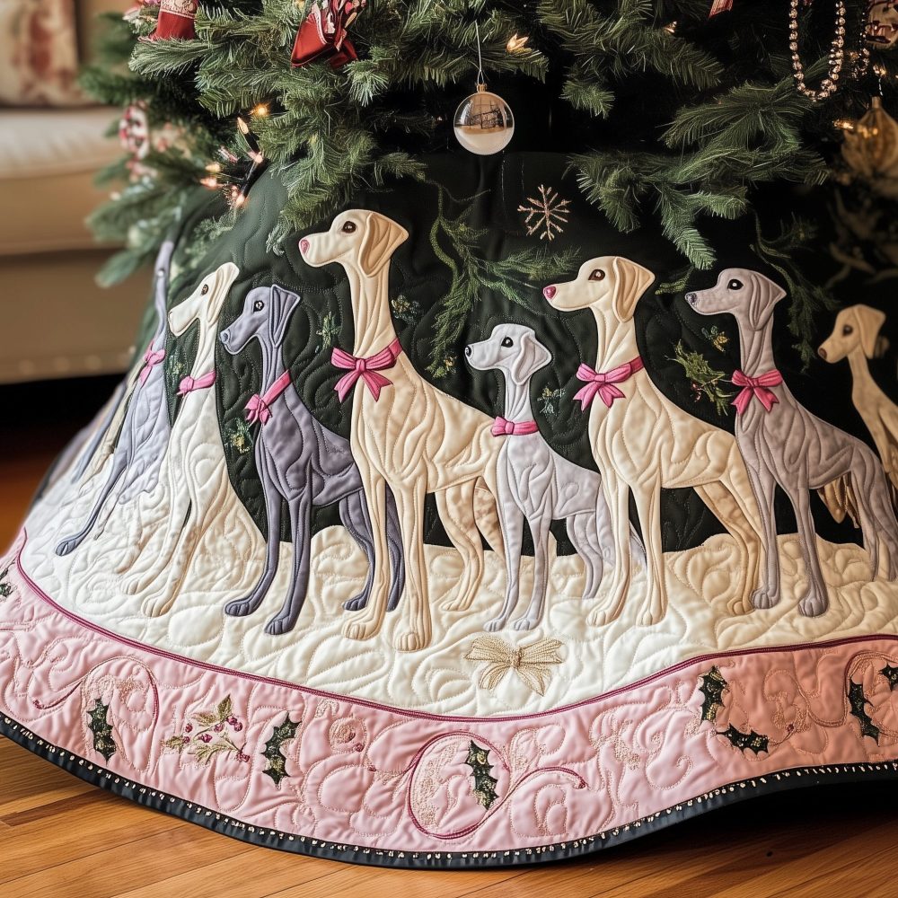 Pink Ribbon Greyhounds Tree Skirt — Custom Handmade Holiday Accent, Romantic Christmas Decor For Dog Lovers & Stylish Living Rooms