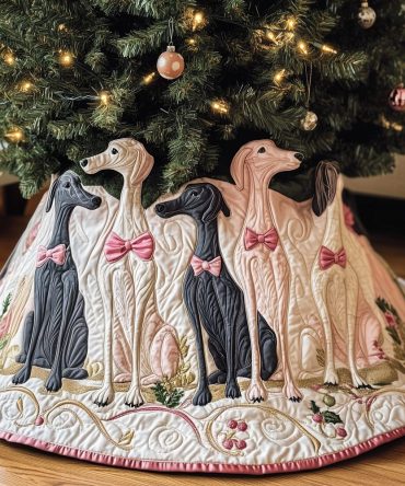 Blush Pink Greyhound Pair Tree Skirt — Elegant Custom Christmas Mat, Handmade Holiday Decor For Modern & Chic Homes