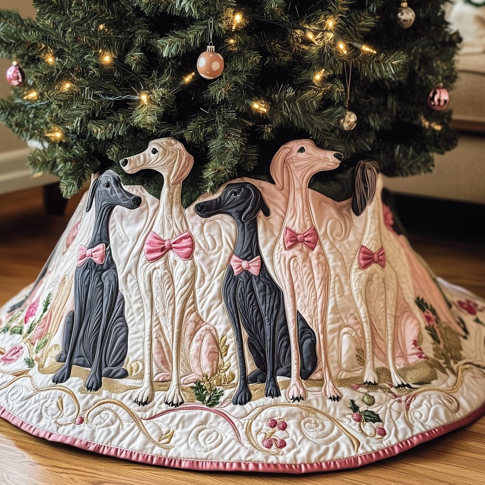 Blush Pink Greyhound Pair Tree Skirt — Elegant Custom Christmas Mat, Handmade Holiday Decor For Modern & Chic Homes
