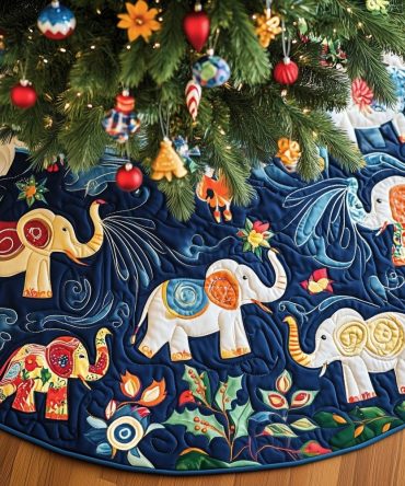 Navy Floral Folk Elephant Tree Skirt — Custom Handmade Holiday Rug, Bohemian Christmas Decor With Rich Navy & Folk Patterns