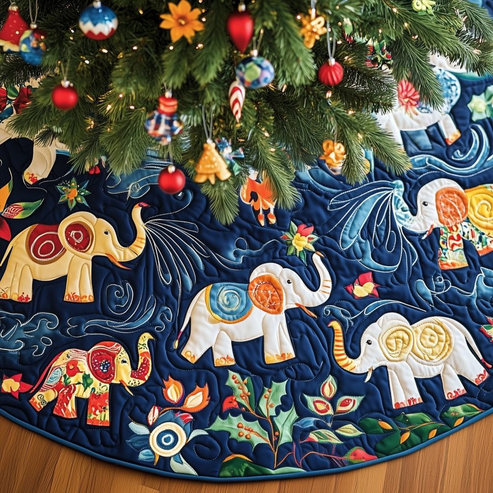 Navy Floral Folk Elephant Tree Skirt — Custom Handmade Holiday Rug, Bohemian Christmas Decor With Rich Navy & Folk Patterns