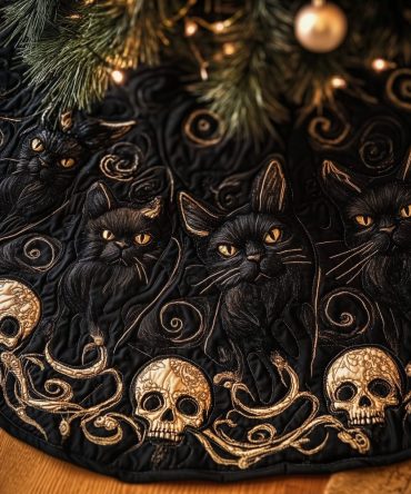 Gilded Skull & Black Cat Tree Skirt — Luxurious Gothic Christmas Decor, Custom Handmade Holiday Mat With Gold Accents
