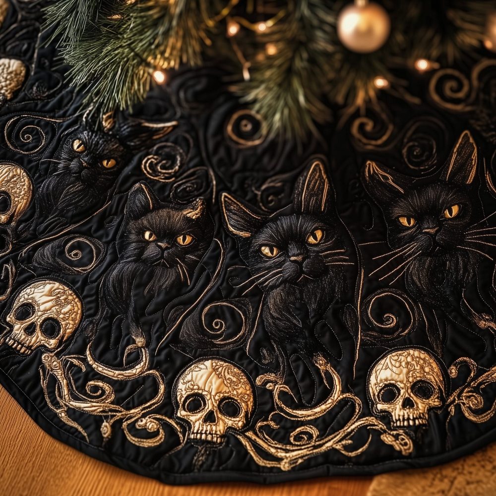 Gilded Skull & Black Cat Tree Skirt — Luxurious Gothic Christmas Decor, Custom Handmade Holiday Mat With Gold Accents