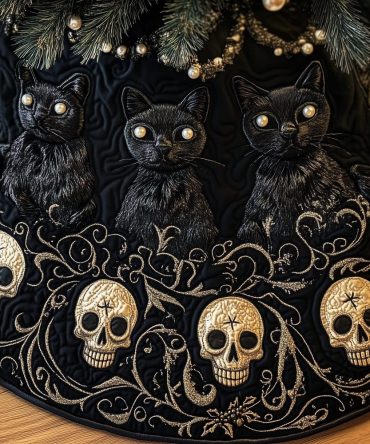 Midnight Kittens & Skulls Tree Skirt — Handcrafted Dark Holiday Decor, Custom Cute Gothic Christmas Mat For Cat Lovers