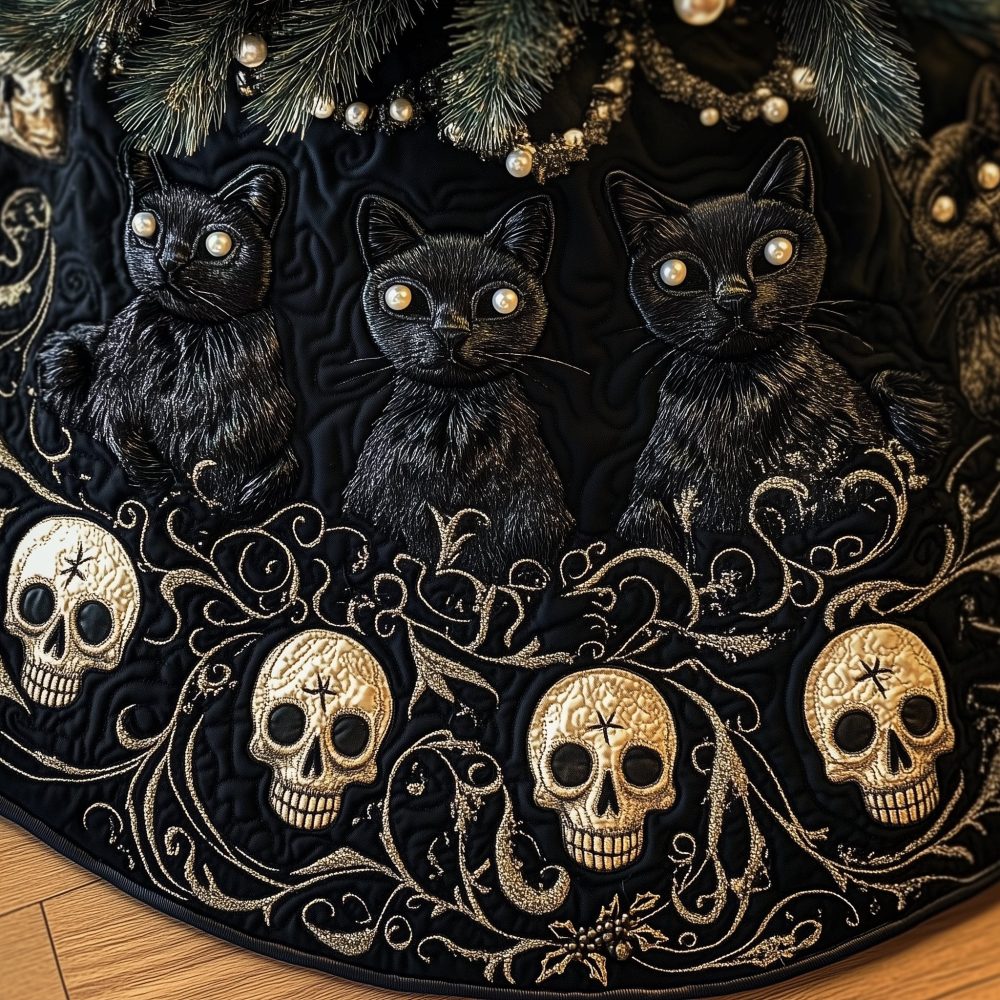 Midnight Kittens & Skulls Tree Skirt — Handcrafted Dark Holiday Decor, Custom Cute Gothic Christmas Mat For Cat Lovers
