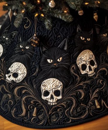 Day Of The Dead Black Cat & Sugar Skull Tree Skirt — Custom Gothic Holiday Decor, Vibrant Handmade Christmas Accent