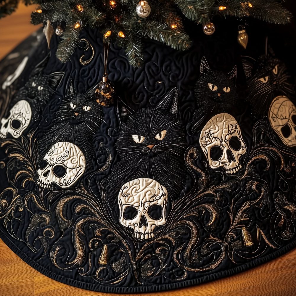 Day Of The Dead Black Cat & Sugar Skull Tree Skirt — Custom Gothic Holiday Decor, Vibrant Handmade Christmas Accent