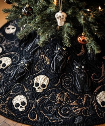 Black Cats & Ivory Skulls Christmas Tree Skirt — Custom Gothic Holiday Decor, Handmade Dark Chic Mantel Accent