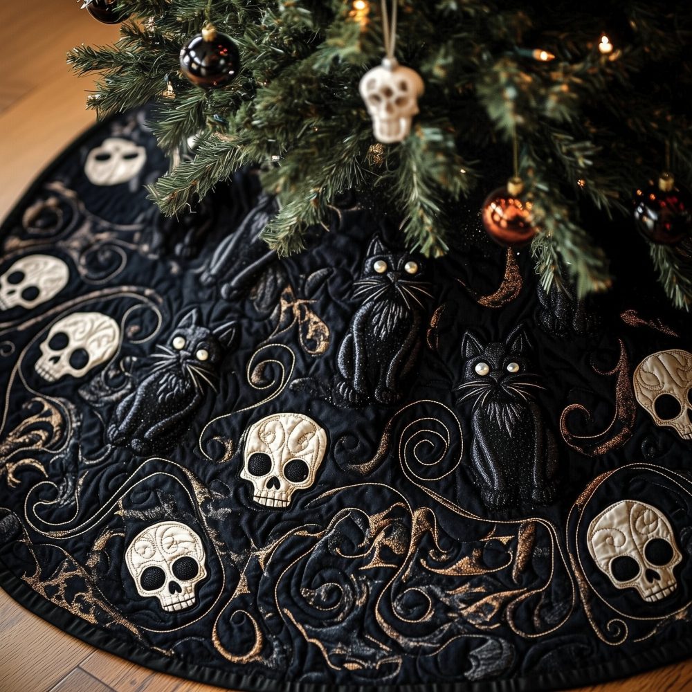 Black Cats & Ivory Skulls Christmas Tree Skirt — Custom Gothic Holiday Decor, Handmade Dark Chic Mantel Accent