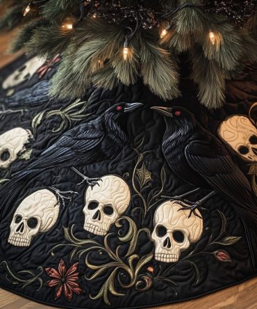 Ravens Roosting On Antique Skulls Tree Skirt — Custom Gothic Holiday Mat, Handmade Dark Christmas Decor