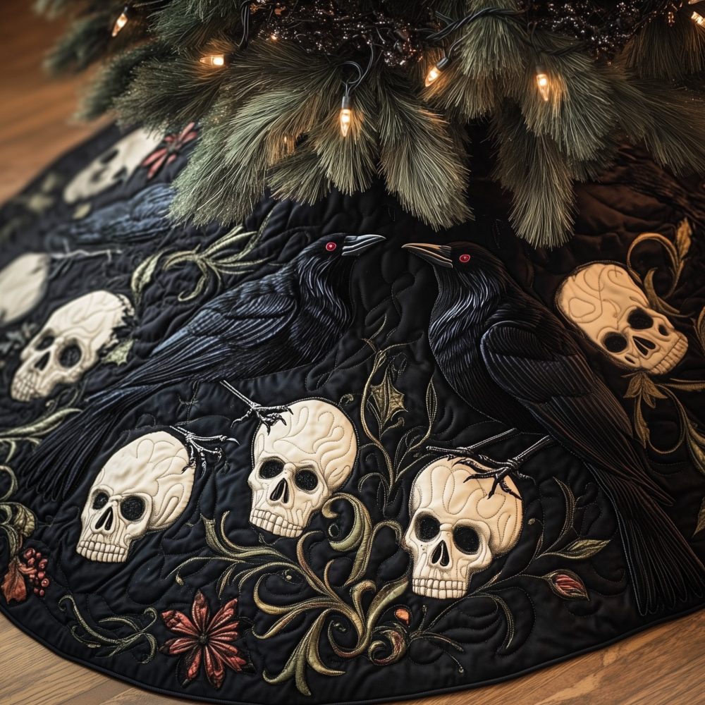 Ravens Roosting On Antique Skulls Tree Skirt — Custom Gothic Holiday Mat, Handmade Dark Christmas Decor