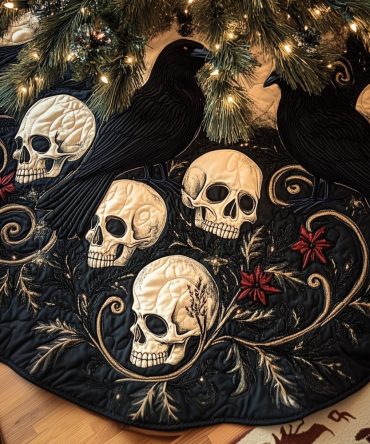 Elegant Raven Pair & Ivory Skulls Tree Skirt — Custom Holiday Gothic Decor, Luxury Handmade Christmas Accent