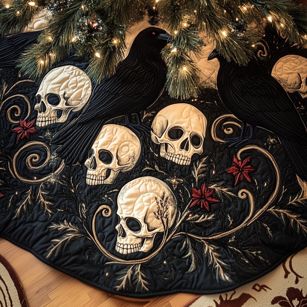 Elegant Raven Pair & Ivory Skulls Tree Skirt — Custom Holiday Gothic Decor, Luxury Handmade Christmas Accent