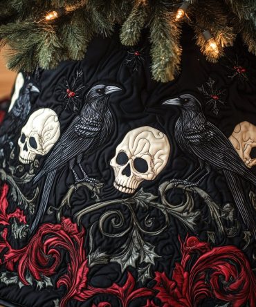 Crimson Briar Raven Tree Skirt — Handmade Gothic Holiday Mantle Accent, Custom Xmas Decor For Dark Homes