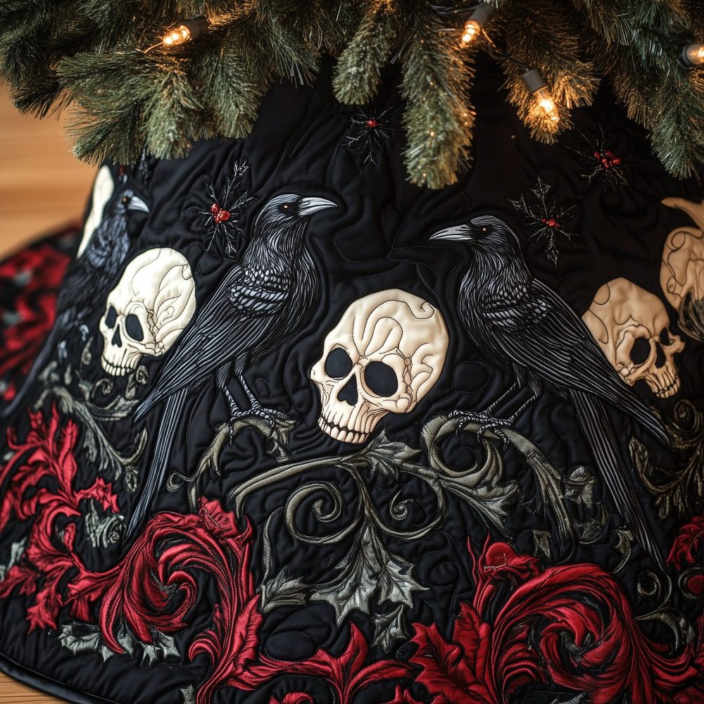 Crimson Briar Raven Tree Skirt — Handmade Gothic Holiday Mantle Accent, Custom Xmas Decor For Dark Homes