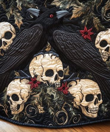Handcrafted Gothic Raven & Skull Christmas Tree Skirt — Custom Made, Dark Holiday Decor For Home & Gifts