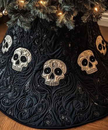 Sugar Skulls On Black Swirls Christmas Tree Skirt — Day Of The Dead Inspired Tree Skirt, Custom Handmade Holiday Accent