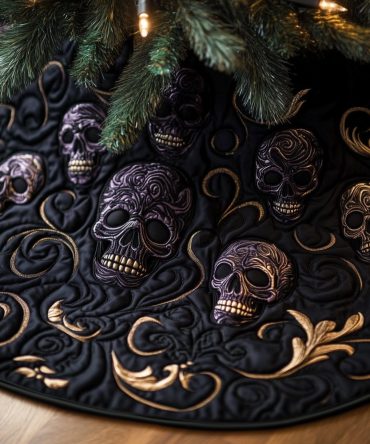 Amethyst Skulls & Gold Scroll Christmas Tree Skirt — Baroque Gothic Tree Skirt, Custom Handmade For Elegant Holiday Displays