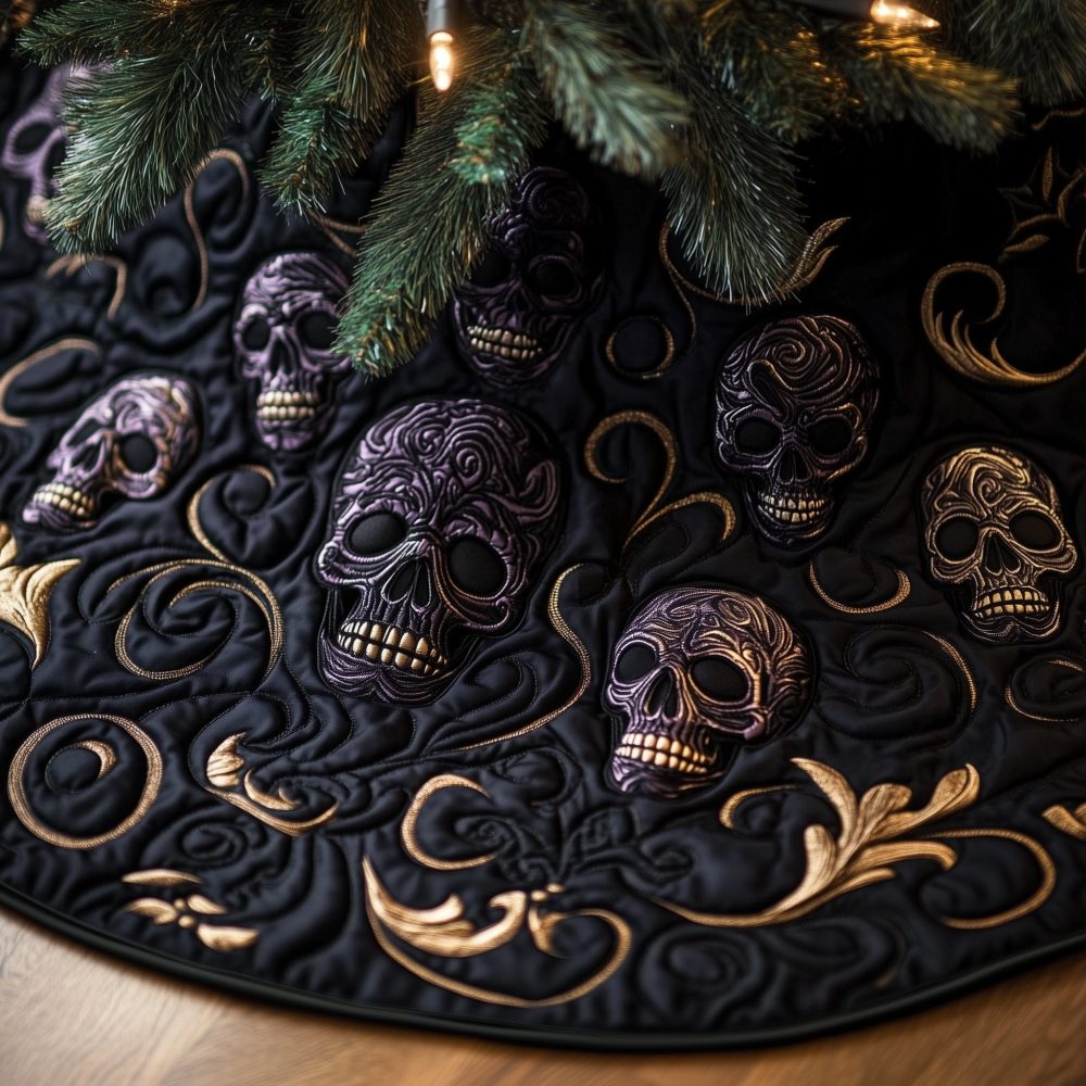 Amethyst Skulls & Gold Scroll Christmas Tree Skirt — Baroque Gothic Tree Skirt, Custom Handmade For Elegant Holiday Displays
