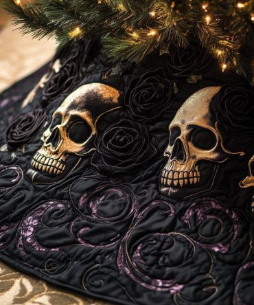 Gilded Skulls & Violet Vines Christmas Tree Skirt — Ornate Gothic Tree Skirt, Custom Handmade With Metallic Detailing