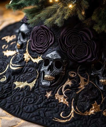 Skull & Dark Roses With Gold Accents Christmas Tree Skirt — Luxurious Gothic Tree Skirt, Custom Handmade Statement Piece