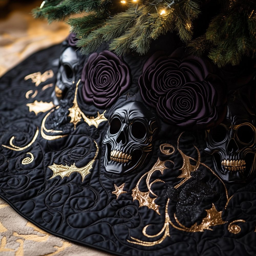 Skull & Dark Roses With Gold Accents Christmas Tree Skirt — Luxurious Gothic Tree Skirt, Custom Handmade Statement Piece