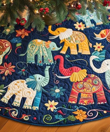 Hand-Painted Elephant March Tree Skirt — Vibrant Folk Art Holiday Decor, Custom Made Christmas Skirt For Unique Homes