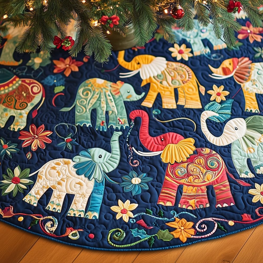 Hand-Painted Elephant March Tree Skirt — Vibrant Folk Art Holiday Decor, Custom Made Christmas Skirt For Unique Homes