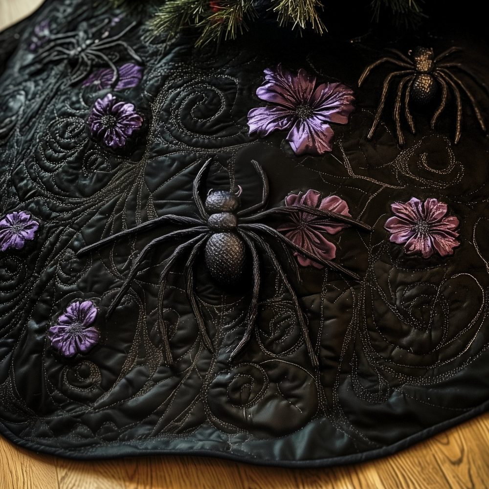 Velvet Spider & Violet Bloom Christmas Tree Skirt — Plush Gothic Holiday Tree Skirt, Custom Made With Lux Fabric