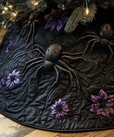 Night Garden Widow Spider Christmas Tree Skirt — Dark Botanical Holiday Skirt, Custom Handmade For Gothic Homes