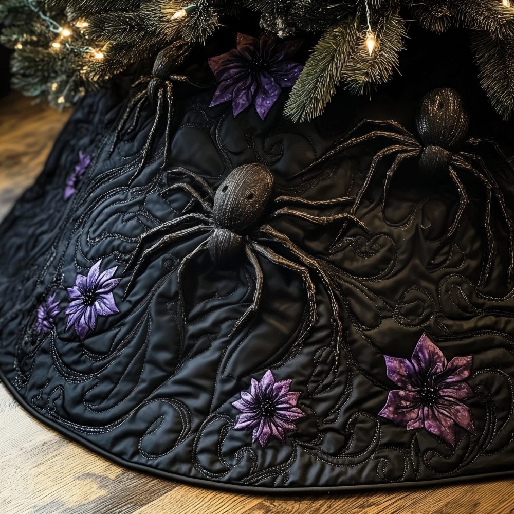 Night Garden Widow Spider Christmas Tree Skirt — Dark Botanical Holiday Skirt, Custom Handmade For Gothic Homes