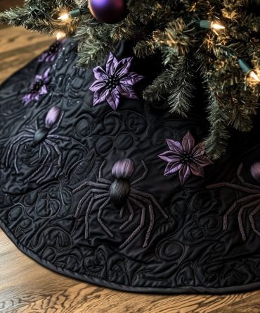 Purple Poinsettia & Spider Christmas Tree Skirt — Gothic Holiday Tree Skirt With Dark Floral Motif, Custom Made