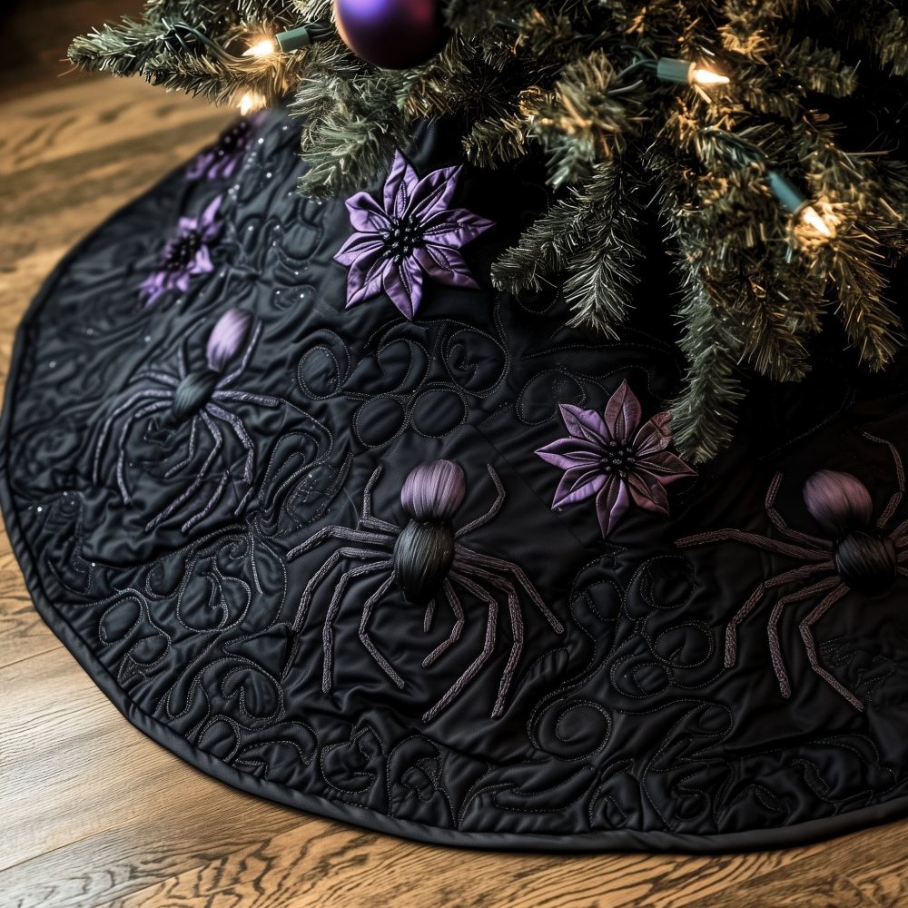 Purple Poinsettia & Spider Christmas Tree Skirt — Gothic Holiday Tree Skirt With Dark Floral Motif, Custom Made