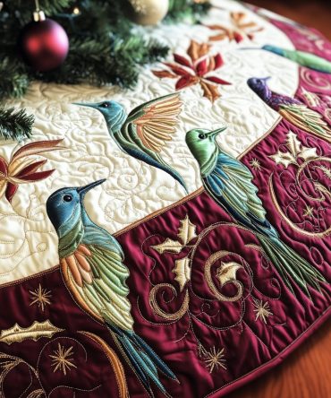 Hummingbird Christmas Tree Skirt — Elegant Handmade Bird & Floral Holiday Skirt, Custom Sizes, Vibrant Embroidered Hummingbird Design