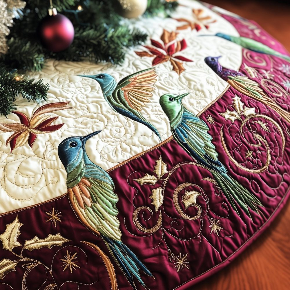 Hummingbird Christmas Tree Skirt — Elegant Handmade Bird & Floral Holiday Skirt, Custom Sizes, Vibrant Embroidered Hummingbird Design