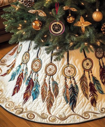 Cream Dreamcatcher & Feather Christmas Tree Skirt - Boho Handcrafted Made-To-Order Holiday Skirt With Soft Neutrals