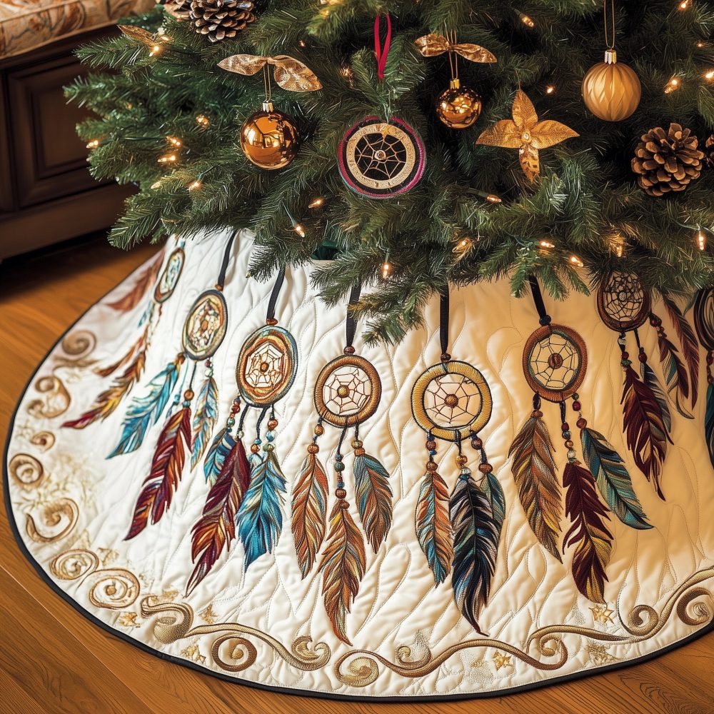 Cream Dreamcatcher & Feather Christmas Tree Skirt - Boho Handcrafted Made-To-Order Holiday Skirt With Soft Neutrals