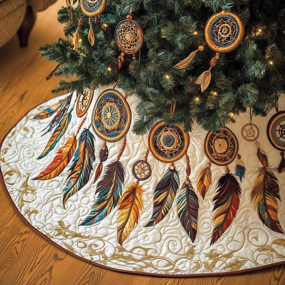 Colorful Dreamcatcher Feather Christmas Tree Skirt - Vibrant Made-To-Order Handcrafted Boho Holiday Accent