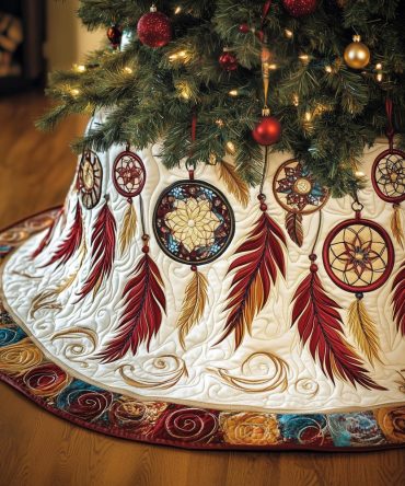 Boho Crimson Dreamcatcher Holiday Tree Skirt — Handmade Feather Accent Christmas Skirt, Custom Bohemian Seasonal Decor
