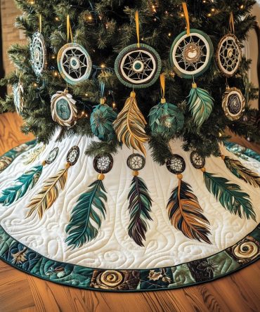 Teal Feather Dreamcatcher Christmas Tree Skirt - Made-To-Order Boho Holiday Décor, Handcrafted For Stylish Trees